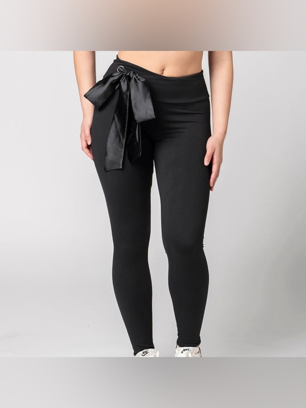 Silk Ribbon Tie Waist Leggings with Ruching & Back Pockets by Guilty Love Club